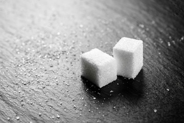 Granulated sugar and sugar cubes lie on a slate plate.