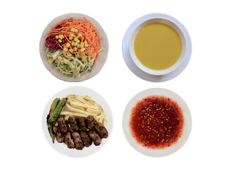 meatballs, soup, salad, hot sauce dishes on isolated white background,