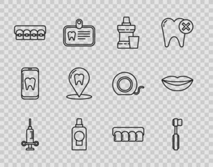 Set line Dental medical syringe, Toothbrush, Mouthwash plastic bottle, Teeth with braces, clinic location, Dentures model and Smiling lips icon. Vector