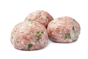 Three fresh raw meatballs on white background