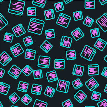 Line Software, web developer programming code icon isolated seamless pattern on black background. Javascript computer script random parts of program code. Vector