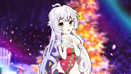 Fototapeta premium Beautiful anime manga girl with gray hair in New Year's red in stockings with bells and bows sticks out her tongue llustration HD wallpaper with canvas texture 