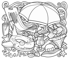 Cartoon cute doodles hand drawn summer beach children's entertainment illustration.