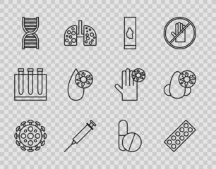 Set line Virus, Pills in blister pack, Blood test and virus, Syringe, DNA symbol, Medicine pill or tablet and Runny nose icon. Vector