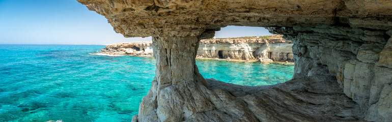 Fototapeta premium Natural landmark of Cyprus. Sea caves in Cape Greko national park near Ayia Napa and Protaras