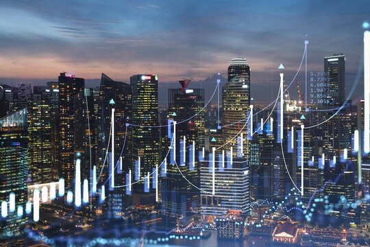 Stock market graph hologram, night panorama city view of Singapore, popular location to gain financial education in Asia. The concept of international research. Double exposure.