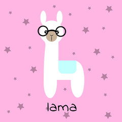 Llama funny wearing glasses cartoon style with stars Perfect for t-shirt print posters, stickers, greeting cards, notebooks. Vector illustration