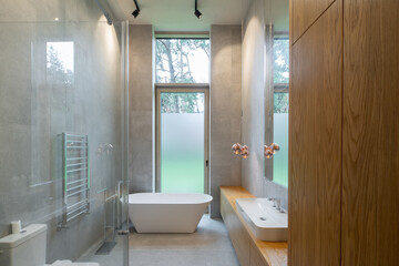 Naklejka na ściany i meble Modern interior of bathroom in scandinavian style. Luxury private house