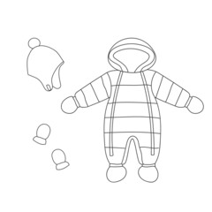Winter baby overalls, winter hat and mittens. Line art snow suit with hood and accessories. Baby clothing. Isolated vector illustration 