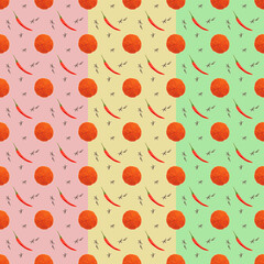 Seamless spice pattern with red chili pepper pods, heaps of ground chili pepper, black pepper on pink, yellow, green background
