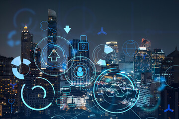 Information flow hologram, night panorama city view of Bangkok. The largest technological center in Southeast Asia. The concept of programming science. Double exposure.