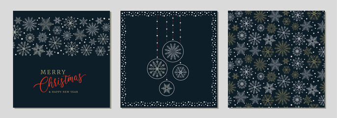 Holidays cards with Christmas motif, snowflakes, gold ornament snow frames and  isolated background. Winter vector set templates