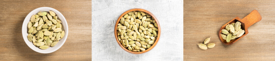 Set of spice green cardamom (Elettaria cardamomum) in wooden scoop, bowl, on white concrete and brown wooden backgrounds. Close up. Flat lay