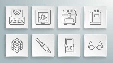 Set line Rubik cube, Insects in a frame, Audio jack, Tetris, Eyeglasses, Antique treasure chest, Book and Waistcoat icon. Vector