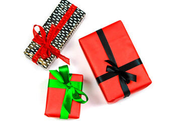 Gifts wrapped with colorful paper on white background