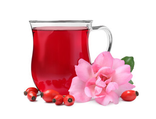 Aromatic rose hip tea, flower and fresh berries on white background