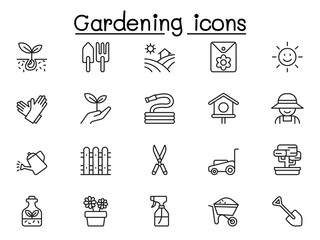 Gardening icons set in thin line style