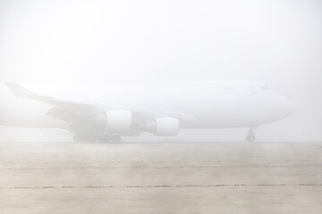 White plane in the fog on the airport runway. Poor visibility, difficult weather conditions.