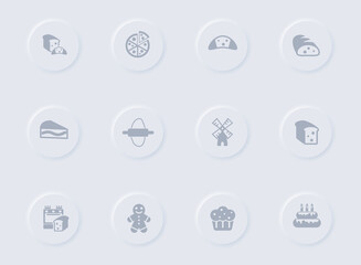 bakery gray vector icons on round rubber buttons. 
bakery icon set for web, mobile apps, ui design and promo business polygraphy