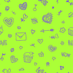 A seamless repeated valentine pattern with romantic symbols, hearts, arrows, cakes and envelopes on bright green endless background. Vector drawn in doodle style for holiday greetings and wishes.