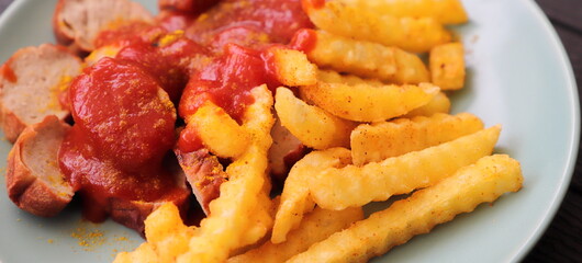 delicious sausage with french fries and curry sauce