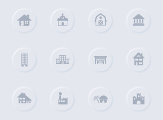 buildings gray vector icons on round rubber buttons. buildings icon set for web, mobile apps, ui design and promo business polygraphy