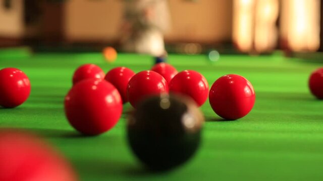 Snooker shots. Game fragment. Closu up view.
