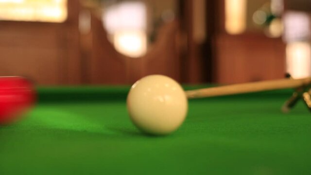 Snooker shots. Game fragment. Closu up view.

