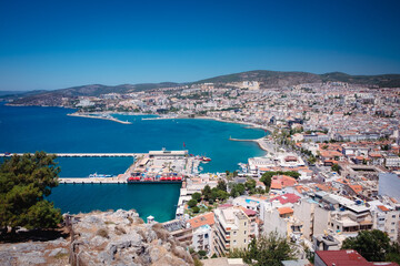 Panorama of the resort town of Kusadasi in Turkey. City and port view