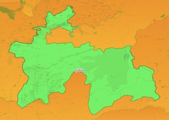 Tajikistan  map showing country highlighted in green color with rest of South Asia countries in brown	
