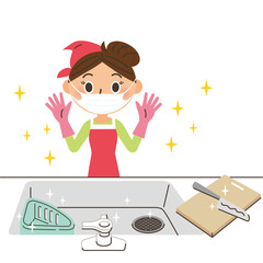 キッチンの大掃除するお母さん