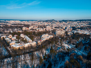 aerial view of snowed lviv center