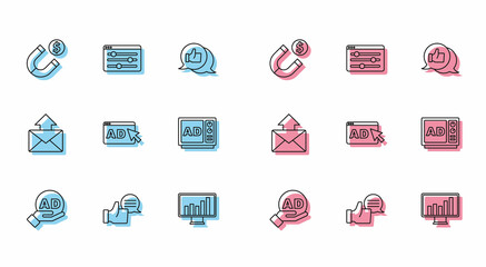 Set line Advertising, Customer product rating, Magnet with money, Monitor graph chart, Mail and e-mail and Browser setting icon. Vector
