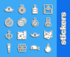 Set line Bomb ready to explode, Pirate treasure map, coin, Alcohol drink Rum, Compass, hat and icon. Vector