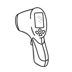 Hand drawn sketch illustration of infrared thermometer. Infra red measure tool. Fever detection, virus prevention. Doodle drawing of medical digital tool