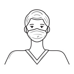 Sketch illustration of man wearing medical mask. Virus spreading prevention. Safety rules sign. Male character in respirator. Black outline vector