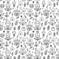 Linear vector pattern with flowers. Botanical pattern with decorative flowers and leaves