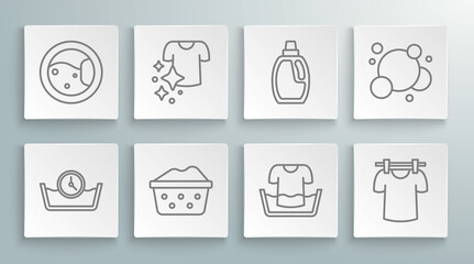 Set line Time wash, Drying clothes, Basin with soap suds, shirt, Bottle for cleaning agent, Soap water bubbles and Washer icon. Vector