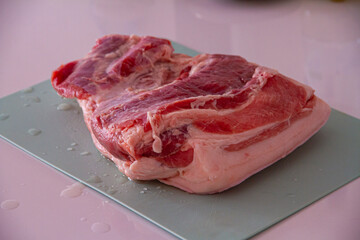Pork Lard and Meat Veins Lies on a Cutting Board, Ready to Cut and Cook.