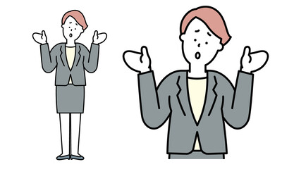 首を傾げてWhy?のぽーずをとるスーツ姿の女性のイラスト素材