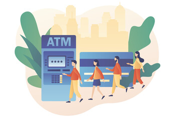 ATM concept. Tiny people waiting in line near atm machine holding credit card. Banking terminal. Online payment. Modern flat cartoon style. Vector illustration on white background