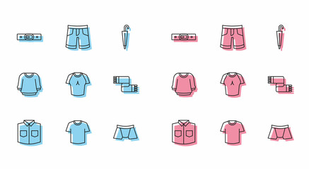 Set line Shirt, T-shirt, Belt, Men underpants, Winter scarf, Sweater and Short or icon. Vector