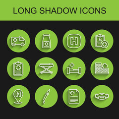 Set line Location hospital, Pipette, Ambulance car, Patient record, Medical protective mask, Stretcher, Hospital building and bed icon. Vector