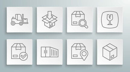 Set line ackage box with check mark, Carton cardboard, Container, Location, Search package, Fragile broken glass and Forklift truck icon. Vector