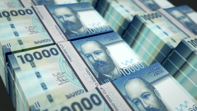 Chile Pesos money pack loop 3d animation. Loopable seamless concept of finance, cash, economy, business and bank. Camera moving over the 10000 CLP banknote bundle stacks.