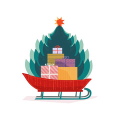 Santa Sleigh vector icon. Christmas snow retro style sledge with Christmas tree, gifts present boxes design element illustration. Winter holiday season new year event festive shopping sale background