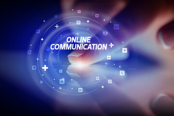 Finger touching tablet with social media icons concept