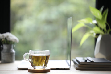 tea glass cup and laptop with notebook and plant pot