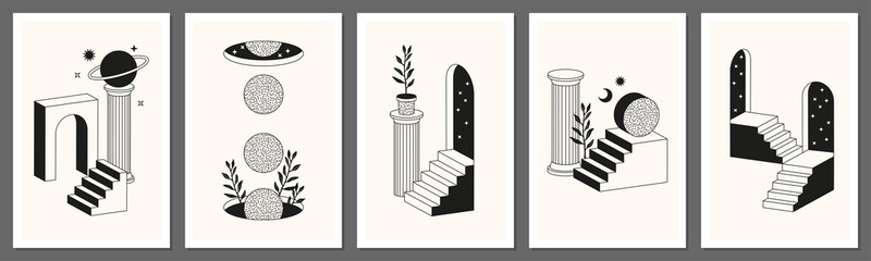 Fototapeta Surreal abstract posters and cards in trendy minimal line art style. Columns, stairs, arch, geometric shapes. obraz