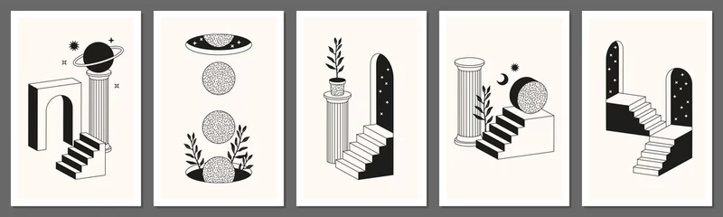 Poster Surreal abstract posters and cards in trendy minimal line art style. Columns, stairs, arch, geometric shapes. © Martyshova